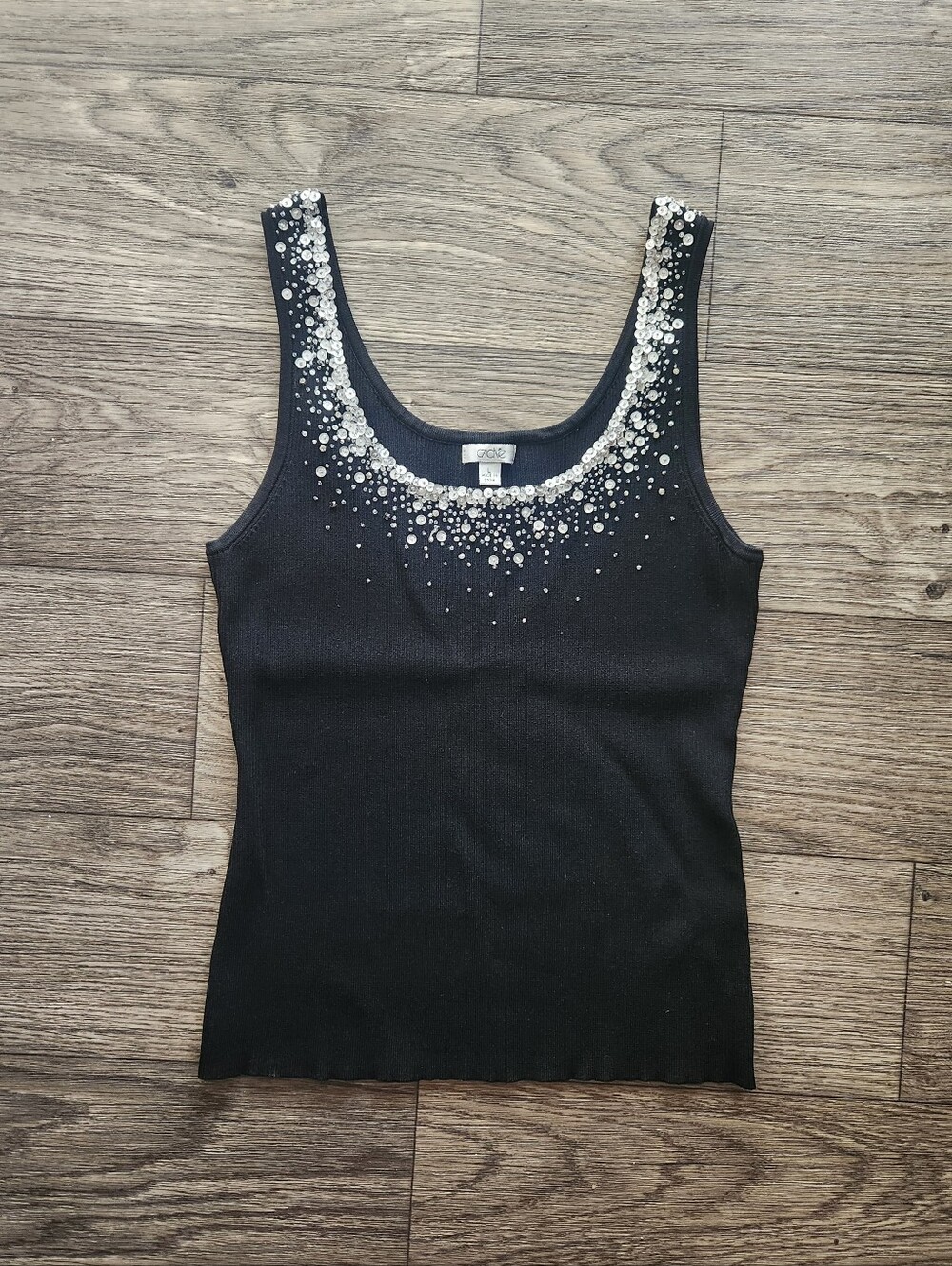 Vintage Cache Black Ribbed Sequin Embellished Tank Top Size Large